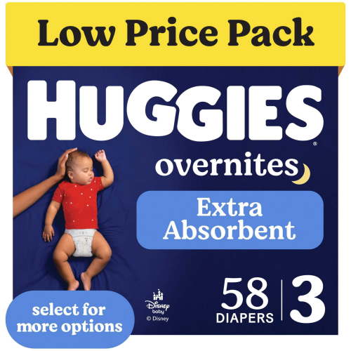 Huggies Overnites Nighttime Baby Diapers, Size 3 (16-28 lbs), 58 Ct (Select for More)