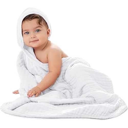 Comfy Cubs Baby Hooded 9 Layer Muslin Cotton Towel for Kids, Large 32” x 32”, Ultra Soft, Warm, and Absorbent. Baby Essentials Bath Towels, Cute Unisex Cover for Girls and Boys (Pack of 1, White)
