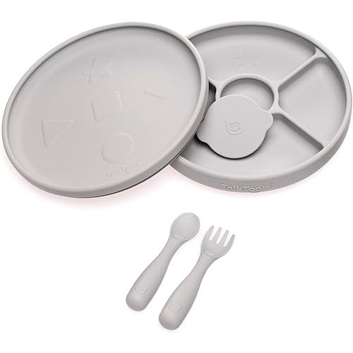 Talktools Bitsy Feeding Kid's Essentials Plate Set – Toddler Utensils, Spoon and Fork, Plate Lid, Perfect for Mealtime – Strong Suction Toddler Plates with 4 Compartments (Set-Cloud)