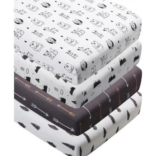 4 Pack Woodland Forest Animals Wood Neutral Unisex Fitted Baby Crib Sheets Set for Baby Boys or Girls Cartoon