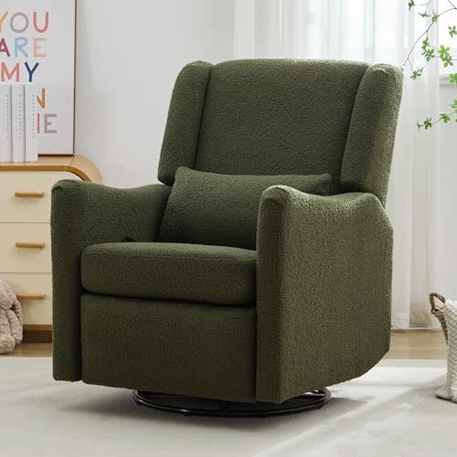 Merax 29.5'' Wide Wingback Swivel Rocker Recliner Chair, Glider Rocker Recliner, Rocking Chair Nursery for Living Room Bedroom Apartment,Boucle,Seaweed Green