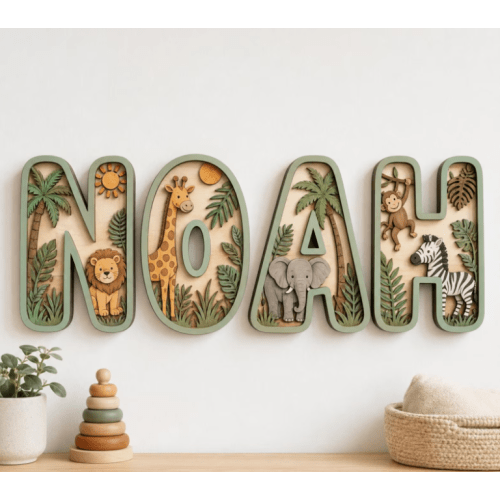 Custom Jungle Name Sign, Personalized Safari Nursery Wall Decor, Baby Boy Wooden Letters, Lion Giraffe Elephant Theme, Newborn Gift Decor