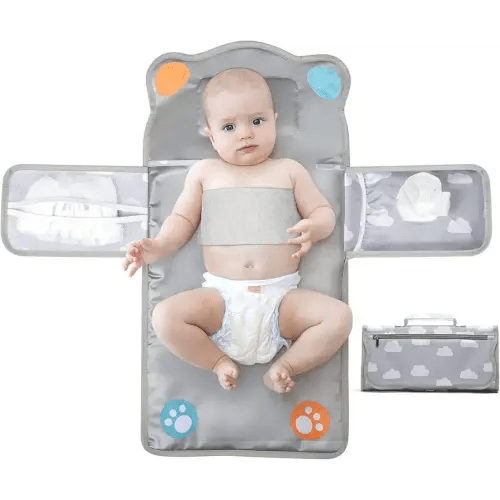 Anti Roll Diaper Changing Pad Mat with Swaddle Strap 3-in-1 Portable Waterproof Foldable Travel Station Built-in Pillow, Wipes Holder, Storage Pockets, Shower Gift for Newborns Girls,Boys