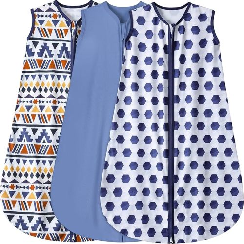 3 Pack Baby Sleep Sack 100% Rayon Cotton Baby Sleeping Bag 2-Way Zipper Toddler Wearable Blankets TOG 0.3. (Soccer&Triangles&Blue, 0-6 Months)