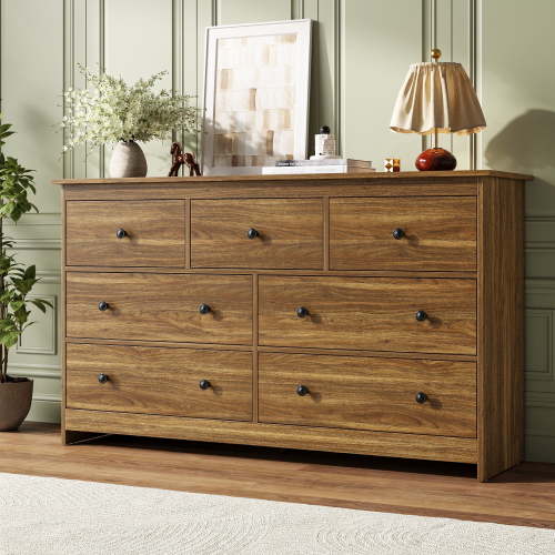 ASTUVIA, Dresser, 7 Drawer Wide with Anti-Tip Safety, Brown