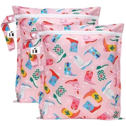 Bumkins Roamio - Waterproof Wet Bag - For Baby, Travel, Swim Suit, Cloth Diapers, Pump Parts, Pool, Gym, Toiletry, Strap to Stroller - Reusable & Easy to Clean - 2pk Cowgirl Boots