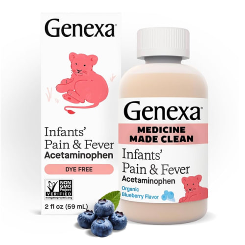 Genexa Infants’ Clean Pain & Fever Acetaminophen, Dye Free, 0% Artificial Additives, Delicious Organic Blueberry Flavor, Liquid Oral Suspension Medicine for Baby, 160 mg per 5mL, 2 fl oz
