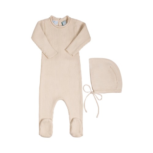 Rolled Collar Rib Knit Footie & Bonnet Set