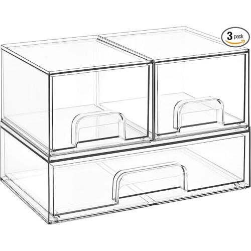 Vtopmart Stackable Storage Drawers Set of 3,Clear Plastic Organizer Bins for Makeup, Cosmetics, Beauty Supplies,Ideal for Vanity, Bathroom,Cabinet,Pantry Organization
