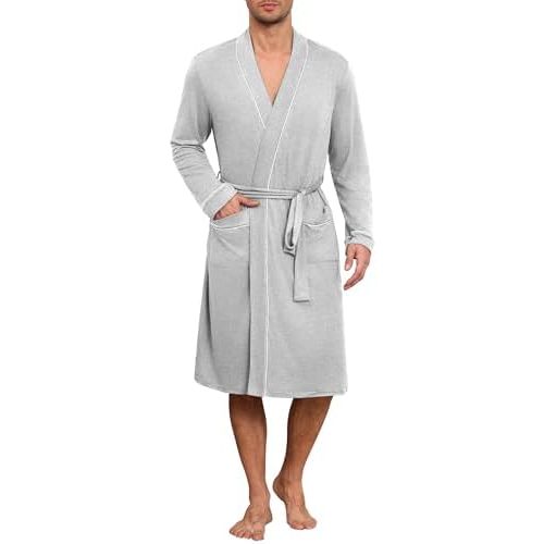 Ekouaer Mens Robes Lightweight Knit Bathrobe Long Sleeve Kimono Robe V Neck Spa Knee Length Sleepwear with Pockets S-XXL
