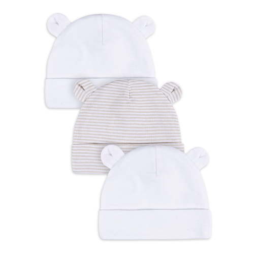 Gerber Baby Boy or Girl Unisex White Beanie Cotton Caps, 3-Pack, Sizes Newborn - 0/6 Months