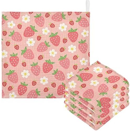 Moudou Strawberry Baby Muslin Washcloths 3 Pack, Absorbent Soft Cotton Baby Bath Face Towels Burp Cloths for Newborn Boys Girls, 12 x 12 Inch