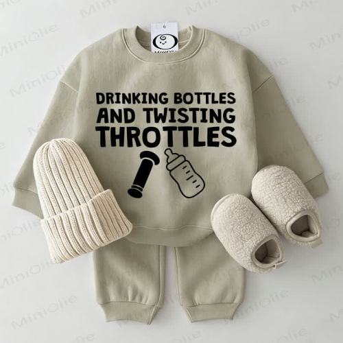 DRINKING BOTTLES AND TWISTING THROTTLES Baby Sweatshirt 2-piece Grey Green Set