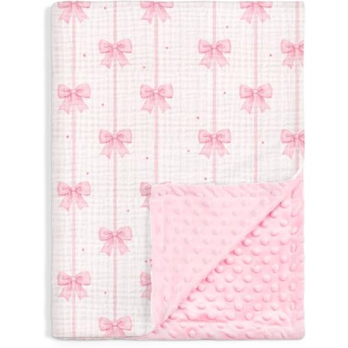 SANDJEST Pink Bow Minky Muslin & Dotted Blanket 30x40 in Gift for Holiday, Gender Reveal Party, Hospital Visit, Baptism