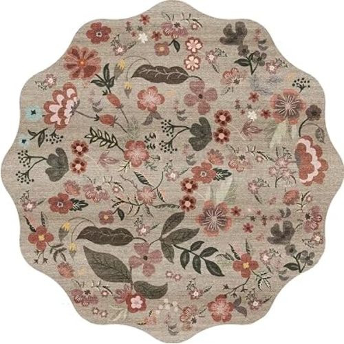 4ft Washable Small Round Rug: Farmhouse Scalloped Floral Circle Rug Brown