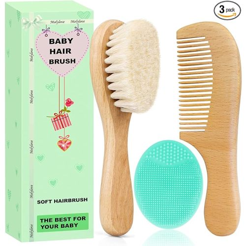 Baby Hair Brush with Wooden Handle and Comb Set for Newborns & Toddlers | Natural Soft Goat Bristles l Wood Comb l Green Silicone Brush| Ideal for Cradle Cap (3 Piece)