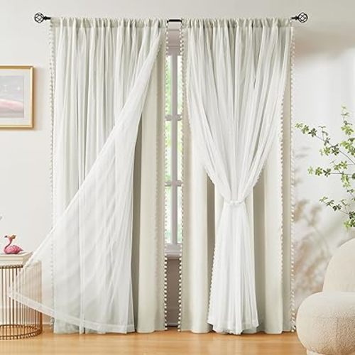 Pom-Pom Blackout Curtains with Sheer Overlay for Bedroom 84"L Ivory Mix and Match Double Layer Blackout Curtains for Living Room Nursery Kid's Room Drapes with Tiebacks Rod Pocket 52" W x2 Natural
