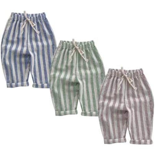 Boys Striped Pants Toddler Baby Linen Harem Pants Soft Comfortable Stretchy Drawstring Elastic Waisted Trousers