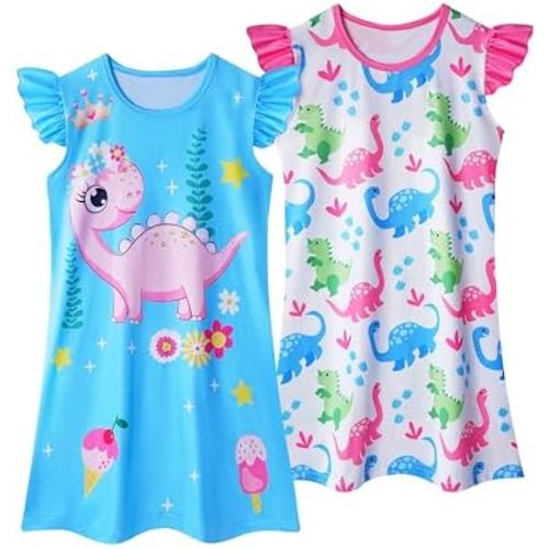 LQSZ 2Pcs Girls Nightgowns 3-10 Years Flutter Short Sleeves Nightdress Nightie Dress Sleepwear Pajamas for Little Girls