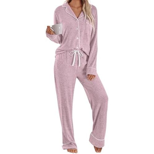LILLUSORY Women's Long Sleeve Pajama Set - Soft Button-Down Top & Comfortable Drawstring Pants with Pockets