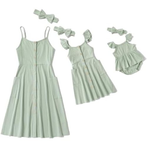 IFFEI Mommy and Me Matching Dress Spaghetti Strap Summer Casual Sundress Beach Sleeveless Dress with Headband
