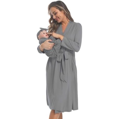 Maternity Robe with Matching Swaddle Set Girls Boys, Mommy Me Robe Set Soft Elastic Women Robes
