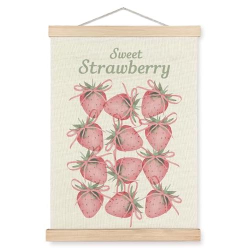 SPBL&L Coquette Strawberry Wall Art, Sweet Strawberry Poster Hanger Frame, Preppy Pink Bow Strawberries Hanging Canvas Pictures Prints Wall Decor for Girls Room Bedroom Dorm, 12x16 Inch