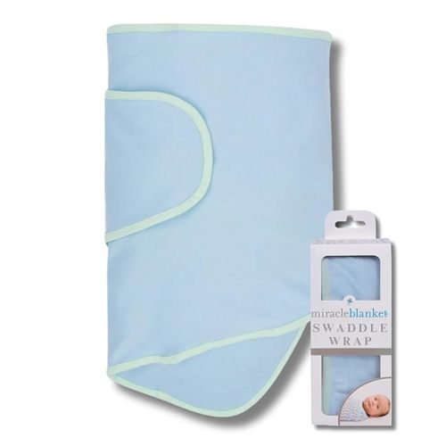Miracle Blanket Swaddle Wrap – Help Your Newborn Sleep Longer – Soft & Secure Sleep Sack for Infants – Easy-to-Use Swaddling Blanket for a Calm Baby (Blue with Green Trim)
