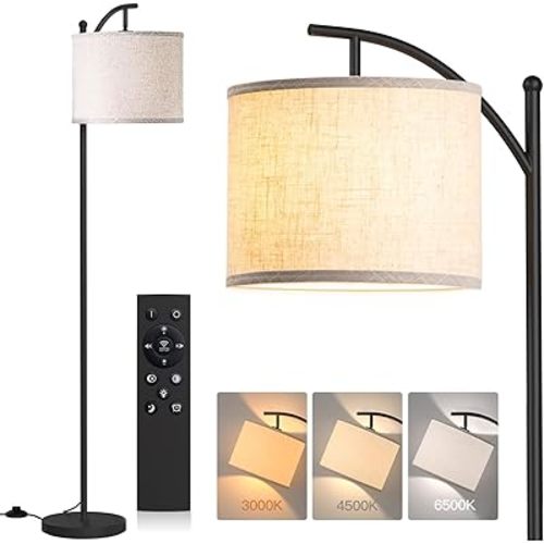 addlon Floor Lamp for Living Room with Remote, Dimmable Standing lamp with Linen lampshade for Bedroom, Office, Lamps with 9W LED Bulb Included - Black with Beige Lampshade