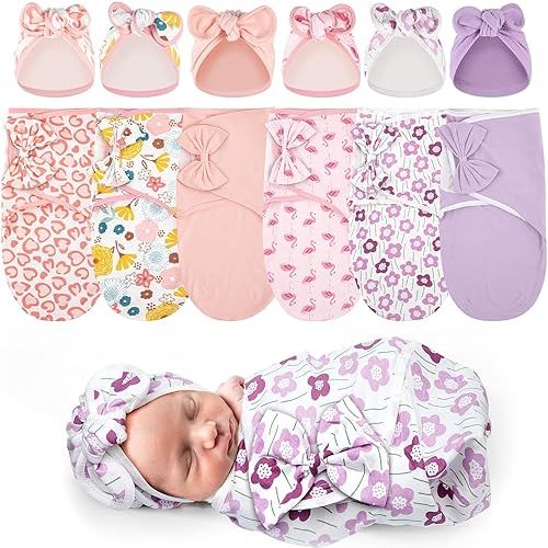 Ramede 6 Pack Preemie Swaddle Blanket with Hats Sleep Swaddle for Baby Boy Girl Preemie Newborn Sacks Soft Cotton Wearable (Bow,Pink)