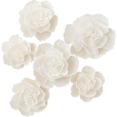 Crepe Paper Flowers Decoration for Wall, Artificial Flowers for Wedding Decor,Flower Backdrop Decor,Baby Shower,Birthday Party,Photo Backdrop,Archway Decor, Nursery Wall Decor(White,Set/6)
