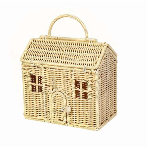 Rattan House Shaped Basket with Lid, Decorative Hand Woven Shelf Organizer with Folding Handle, Harvest Wicker Basket