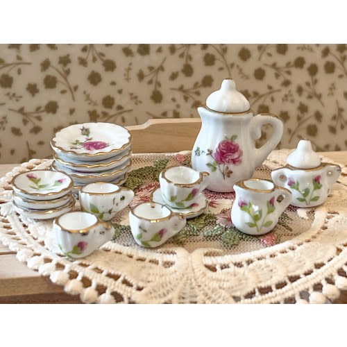 Dollhouse Miniature Porcelain Tea Set: Pink Rose, Gold Trim - 17-Piece