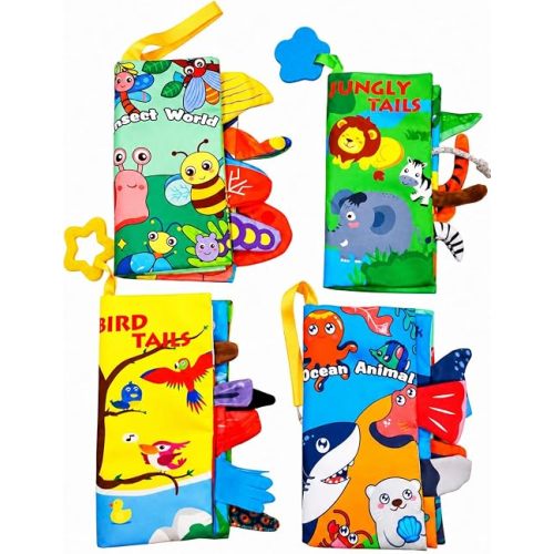 AIM Soft Cloth Baby Books 4-Pack for Babies 0-12 Months, Crinkle Touch & Feel Sensory Books with Teether & Textured Tails, Washable Infant Learning Toys for Newborn Boys & Girls