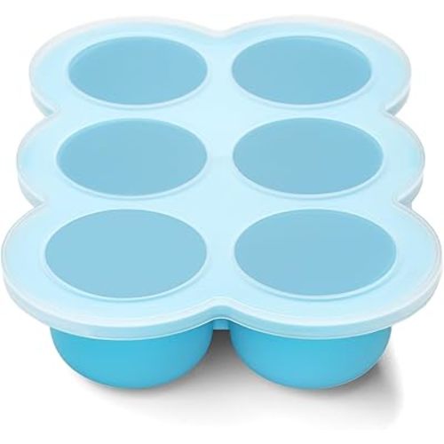 Baby Food Freezer Tray with Lid, 6 x 3 Ounce Silicone Freezer Molds Storage Container for Homemade Baby Food, Breast Milk, Fruit Puree & Vegetables (Blue)