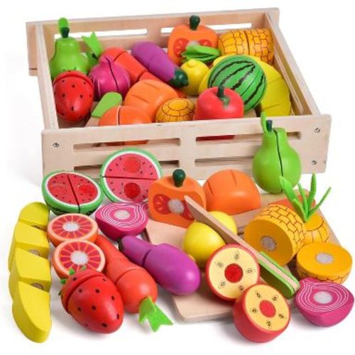35-Piece Wooden Play Food Set for Kids, Pretend Cutting Fruits and Vegetables Toy with Tray, Dishes and Toy Knife
