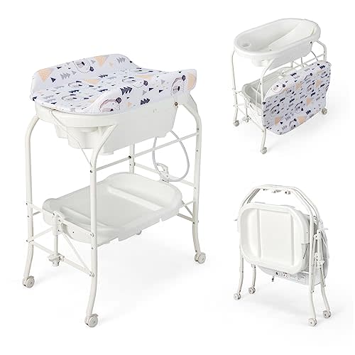 HONEY JOY 2-in-1 Baby Bathtub & Changing Table, Foldable Infant Diaper Changing Station with Wheels, Storage Tray, Waterproof Pad, Portable Newborn Nursery Organizer Bath Stand for Boys Girls (White)