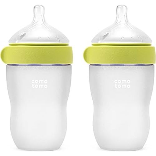 Comotomo Silicone Baby Bottle Gen 2-2026 Release (8oz) – Soft, Wide-Neck Bottle for Comfortable Feeding (6-12 Months) with Dual Anti Colic Vents (Includes Medium Flow Nipples), Green (Double Pack)