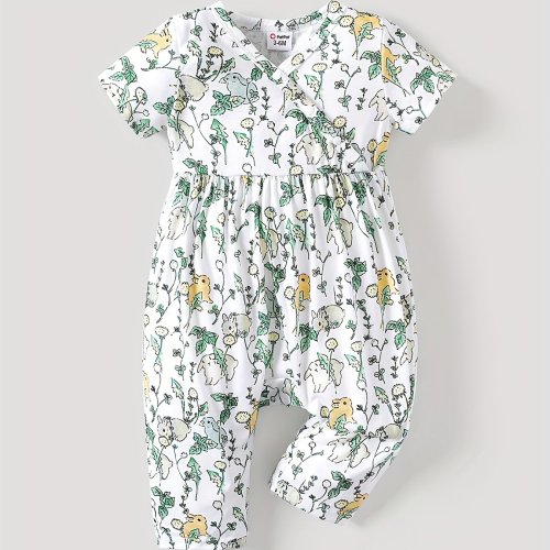 PatPat Baby Girl Cute All Over Rabbit Print/Solid Ribbed V Neck Short-sleeve Jumpsuit For Summer Outdoor Wear