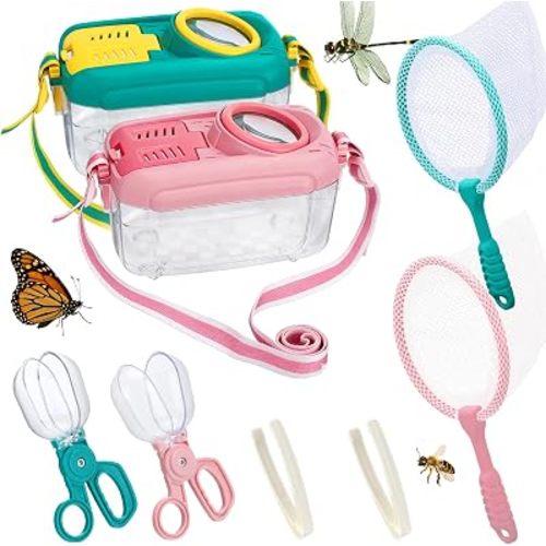 2Sets Bug Catcher for Kids - Sturdy Kids Bug Catching Kit Gifts with Collector Butterfly Net Tweezer, Bugs Habitat Outdoor Explorer Kit for Age 3 4 5 6 7 8, 8Pcs, Pink & Blue