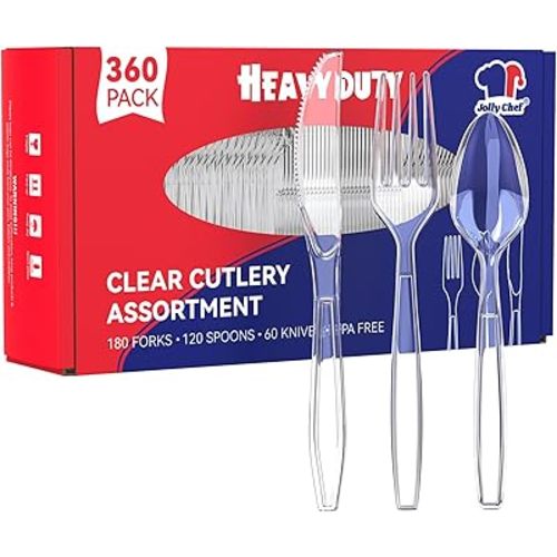 JOLLY CHEF 360 Count Heavy Duty Clear Plastic Silverware-180 Forks, 120 Spoons, 60 Knives, Heat Resistant Disposable Utensils Set, Clear Plastic Cutlery Set for Parties, Events, Everyday Use