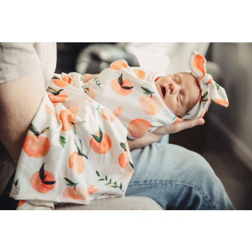 Peach baby girl swaddle blanket 35x40" with hat or headband