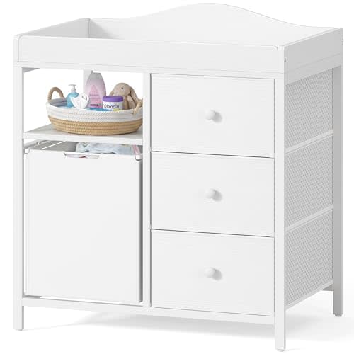 BOLUO White Changing Table with 3 Fabric Drawers and Laundry Hamper, Baby Dresser with Changing Table Top, Nursery Diaper Changing Station with Storage Modern