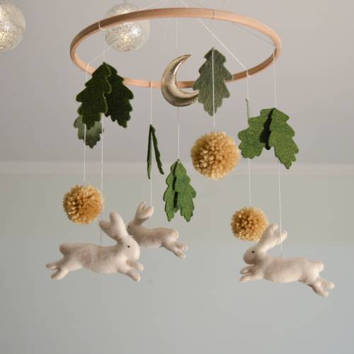 Bunny Baby Mobile, Woodland Nursery, Neutral Felt Rabbit Crib Hanging, Boy Girl Newborn Gift