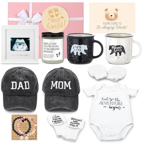 Teenyyou 15 Pcs New Mom Gifts for Women Pregnancy Announcement for New Parents Gender Reveal Gifts Bear Mug Decision Coin Baby Socks Bodysuit Set for First Time Mom Expecting Parents to Be Baby Shower