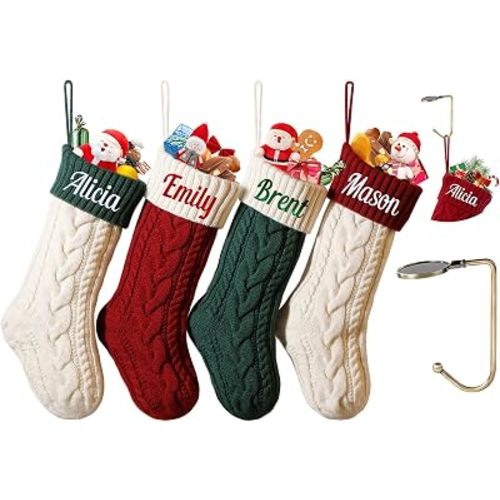 Personalized Christmas Stocking,Custom Name 18 inch Large Knit Christmas Stocking for Family,Color-Contrast Xmas Stocking with Name Embroidery for Holiday Party Decoration(3 Pcs)