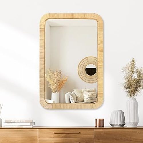 PERFNIQUE Rattan Mirror, 36'' x 24" Rectangle Boho Bathroom Mirror, Decorative Wall Nursery Decor, Rustic Farmhouse Handmade Wicker Mirror for Bathroom Bedroom Entryway Living Room Decor