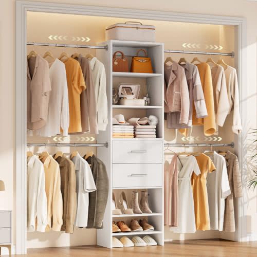 Walk-in Closet System, Wall Mounted Garment Rack, Closet Shelving White | with 2 Drawers, 4 Telescopic Rods, 4 Open Shelves (2 Adjustable), Closet Mounted Storage & Organization Systems for Wardrobe