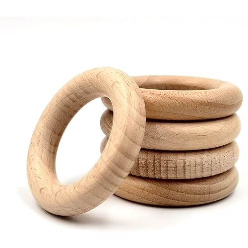 Natural Beech Wood Rings, 5 Pcs Unfinished 6cm Solid Wooden Rings Circles Without Paint for Craft, Connectors Jewelry Making