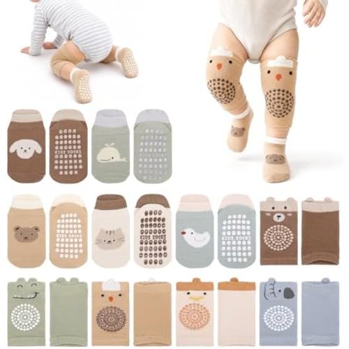 10 Pairs Baby Crawling Knee Pads Socks with Grips Baby Non Slip Kneepads Ankle Socks Walking Protector